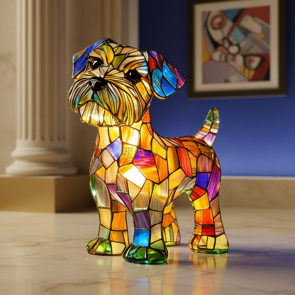 Stained Glass Dog Table Lamp with LED Night Light
