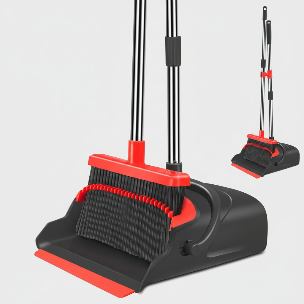 Self-Cleaning Broom and Dustpan Set with Adjustable Handle
