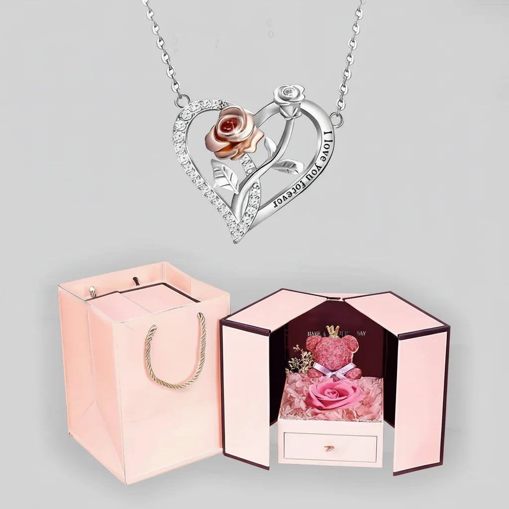 I Love You Forever Bear Necklace with Rose in Gift Box