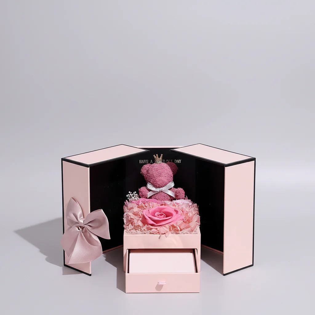 I Love You Forever Bear Necklace with Rose in Gift Box