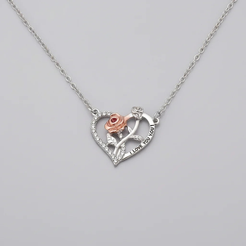 I Love You Forever Bear Necklace with Rose in Gift Box