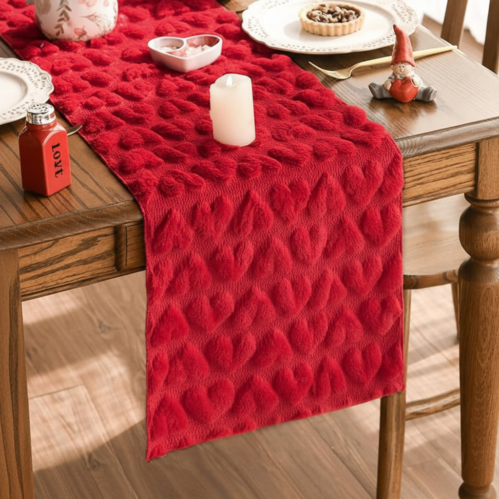 Pink Plush Jacquard Heart Table Runner for Valentine's Day