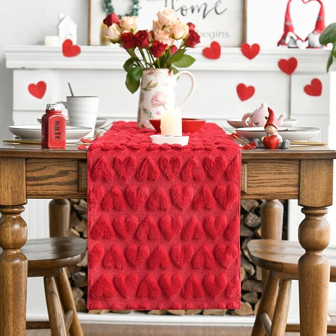 Pink Plush Jacquard Heart Table Runner for Valentine's Day