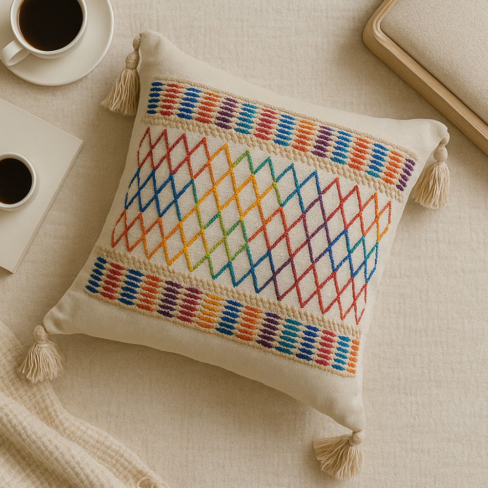 Rainbow Lattice Tassel Cushion Cover in Microfiber