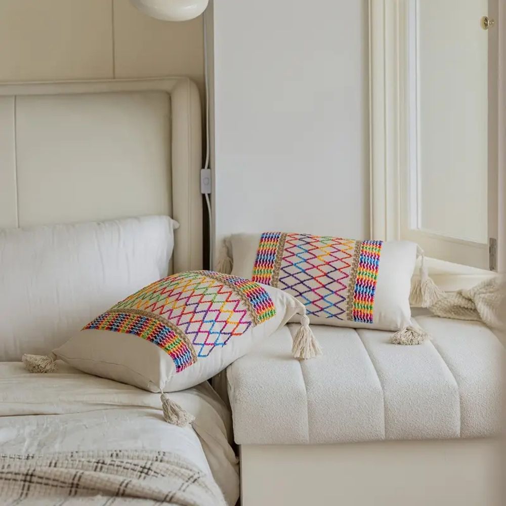 Rainbow Lattice Tassel Cushion Cover in Microfiber