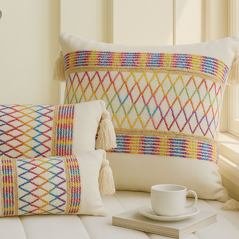 Rainbow Lattice Tassel Cushion Cover in Microfiber