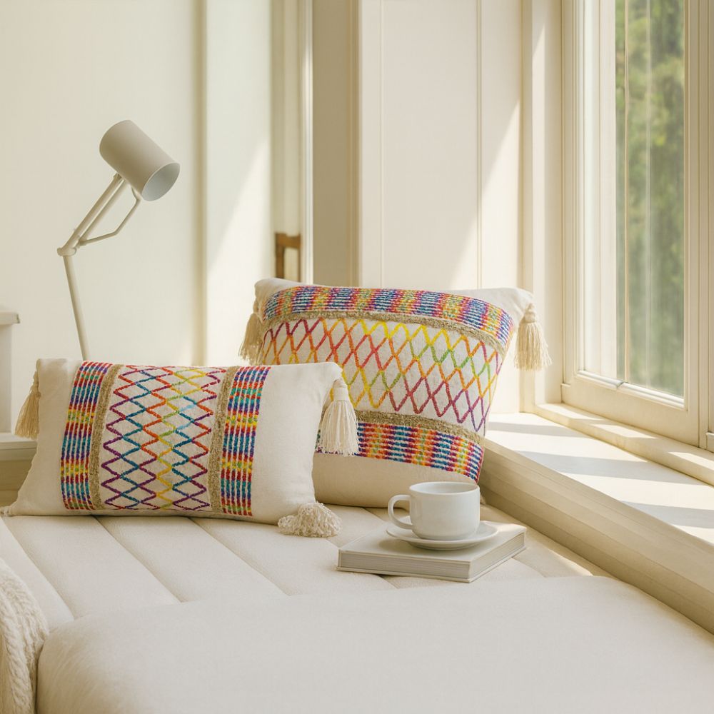 Rainbow Lattice Tassel Cushion Cover in Microfiber