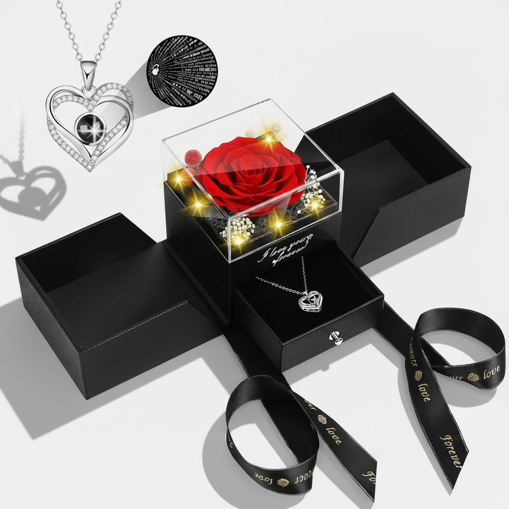 Preserved Galaxy Rose with Heart Necklace Gift Set
