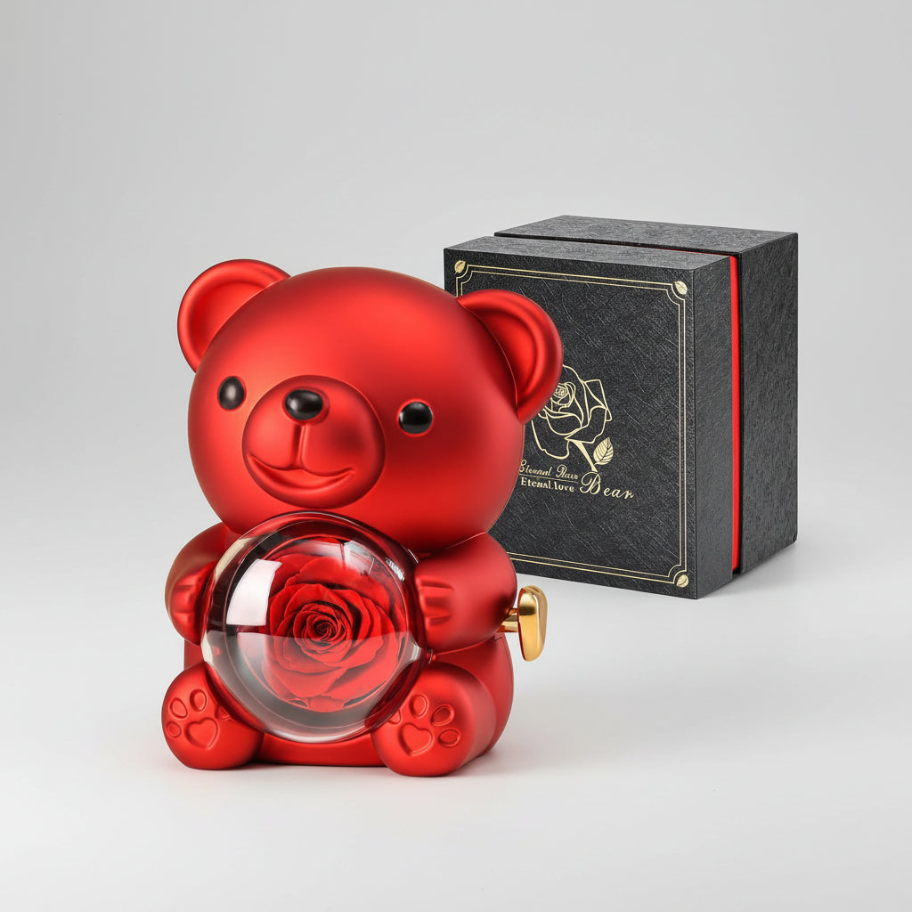 Preserved Rose Teddy Bear with Hidden Jewelry and Heart Necklace