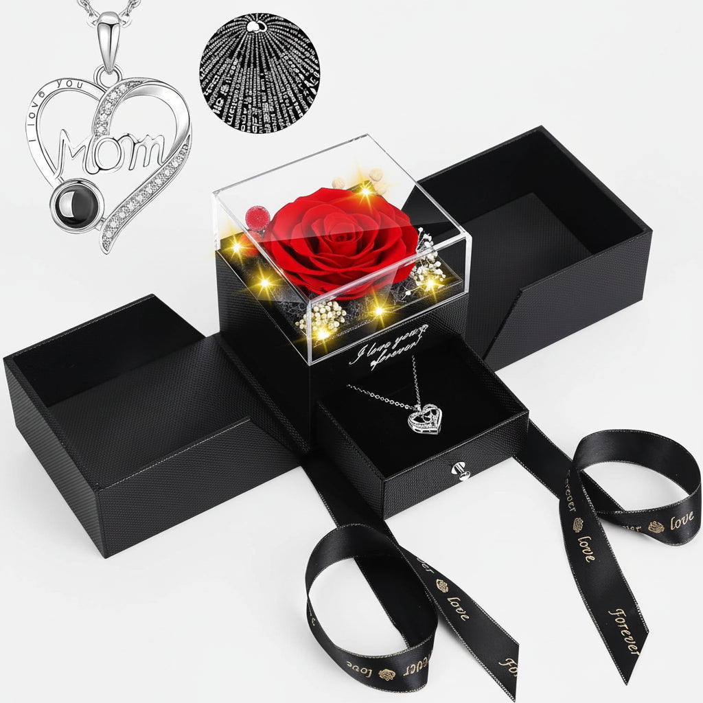Preserved Galaxy Rose with Heart Necklace Gift Set
