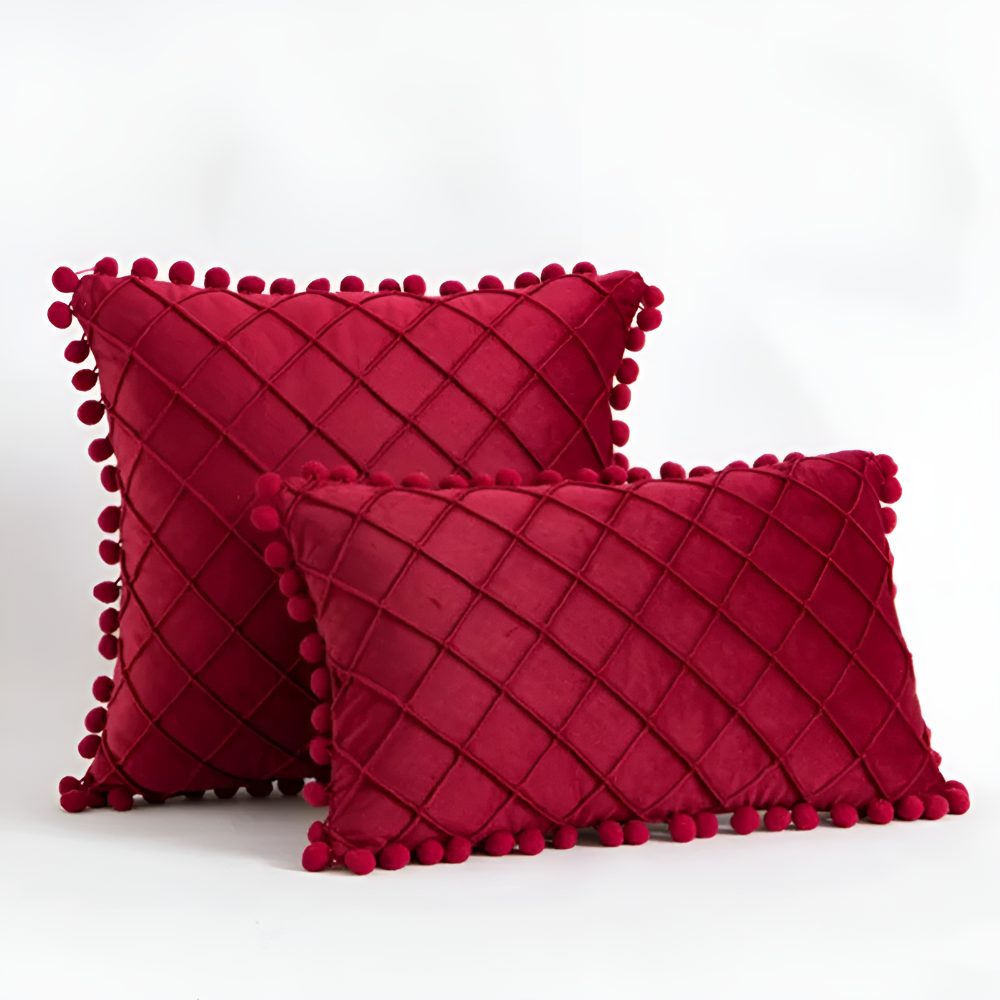 Quilted Velvet Cushion Cover with Wool Ball Design