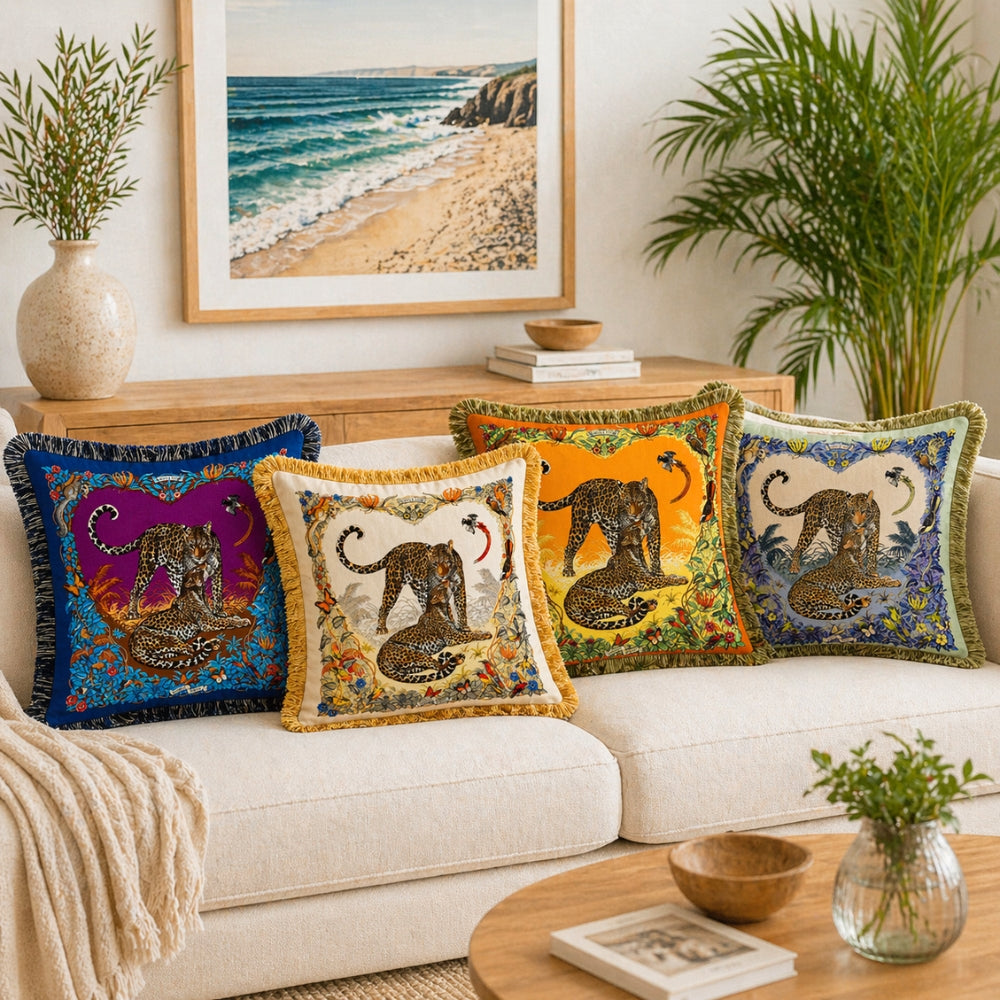 Regal Tiger Velvet Cushion Cover with Floral Design