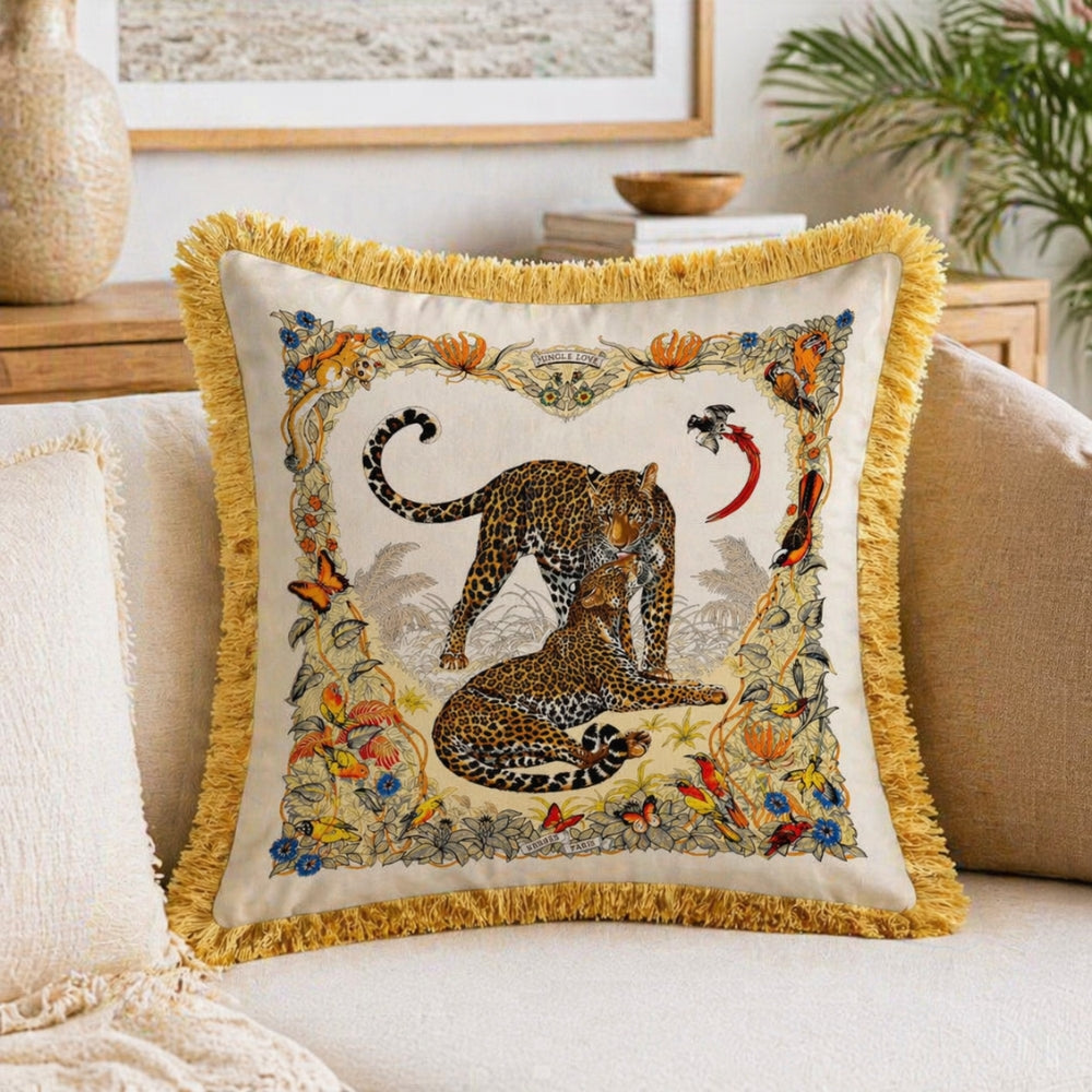 Regal Tiger Velvet Cushion Cover with Floral Design