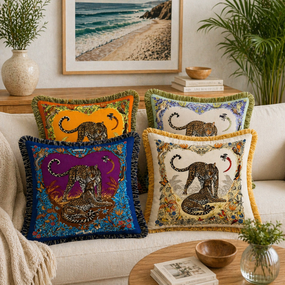 Regal Tiger Velvet Cushion Cover with Floral Design