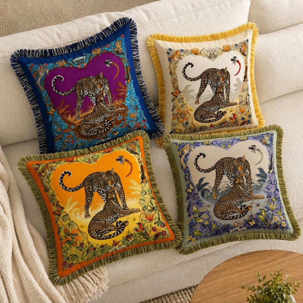 Regal Tiger Velvet Cushion Cover with Floral Design