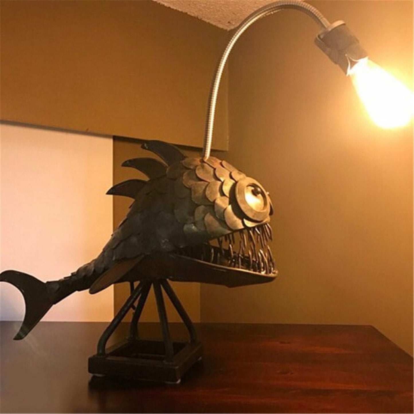 Adjustable Fish Desk Lamp with Rustic Iron Shade