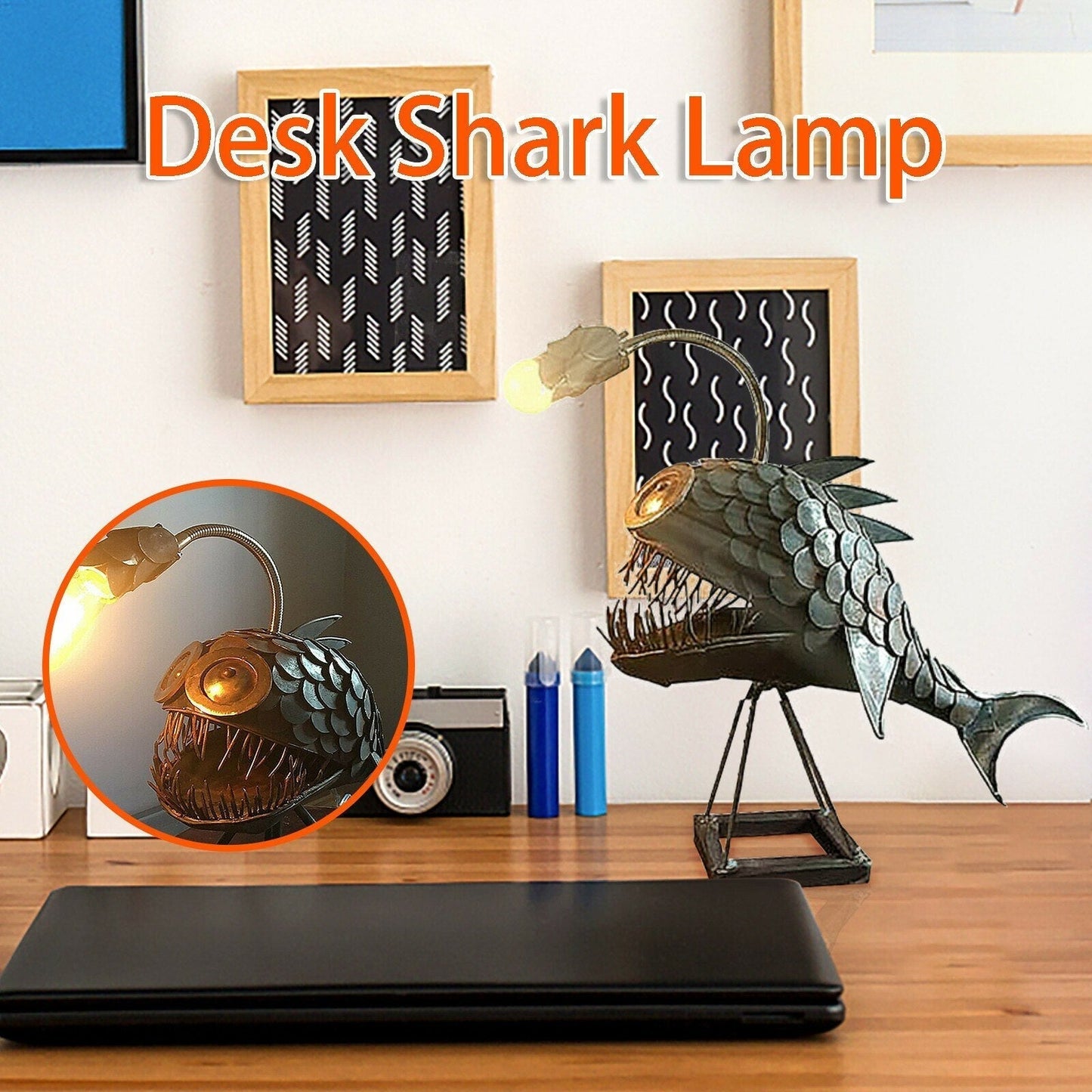 Adjustable Fish Desk Lamp with Rustic Iron Shade