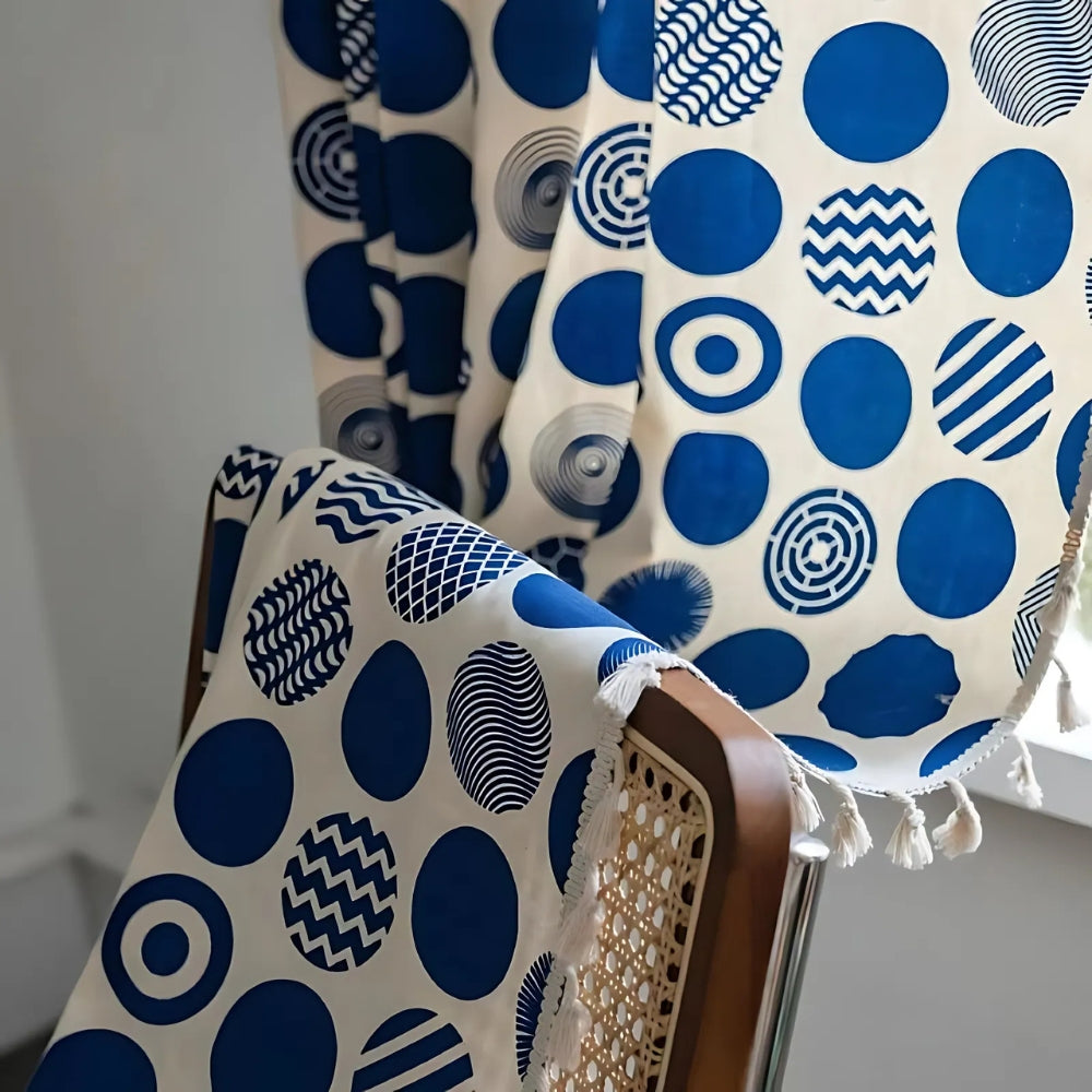 Retro Blue Polka Dot Blackout Window Curtain with Tassels