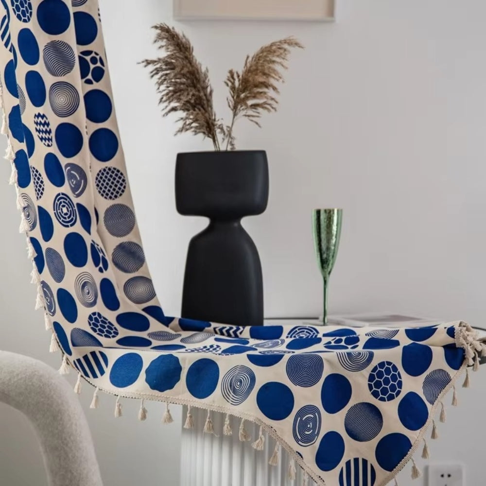 Retro Blue Polka Dot Blackout Window Curtain with Tassels