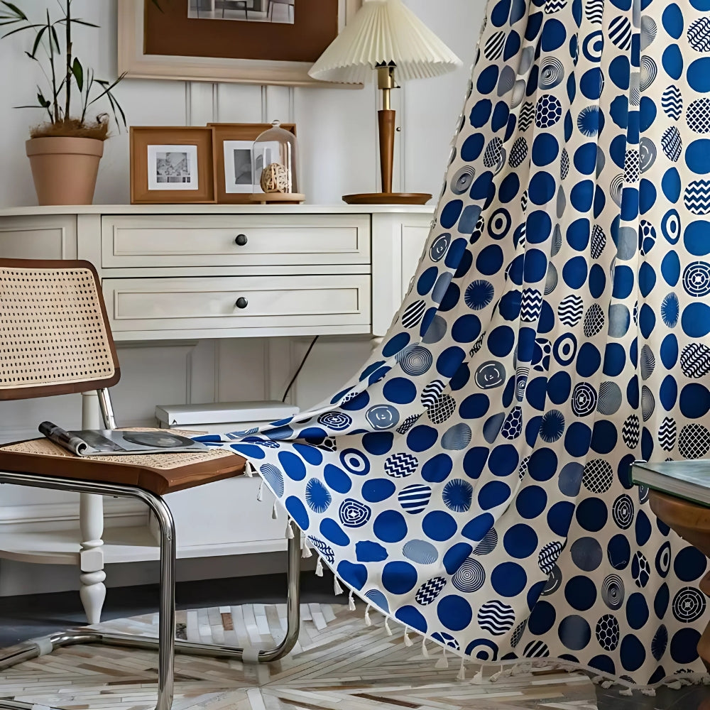 Retro Blue Polka Dot Blackout Window Curtain with Tassels
