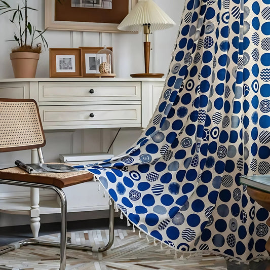 Retro Blue Polka Dot Blackout Window Curtain with Tassels