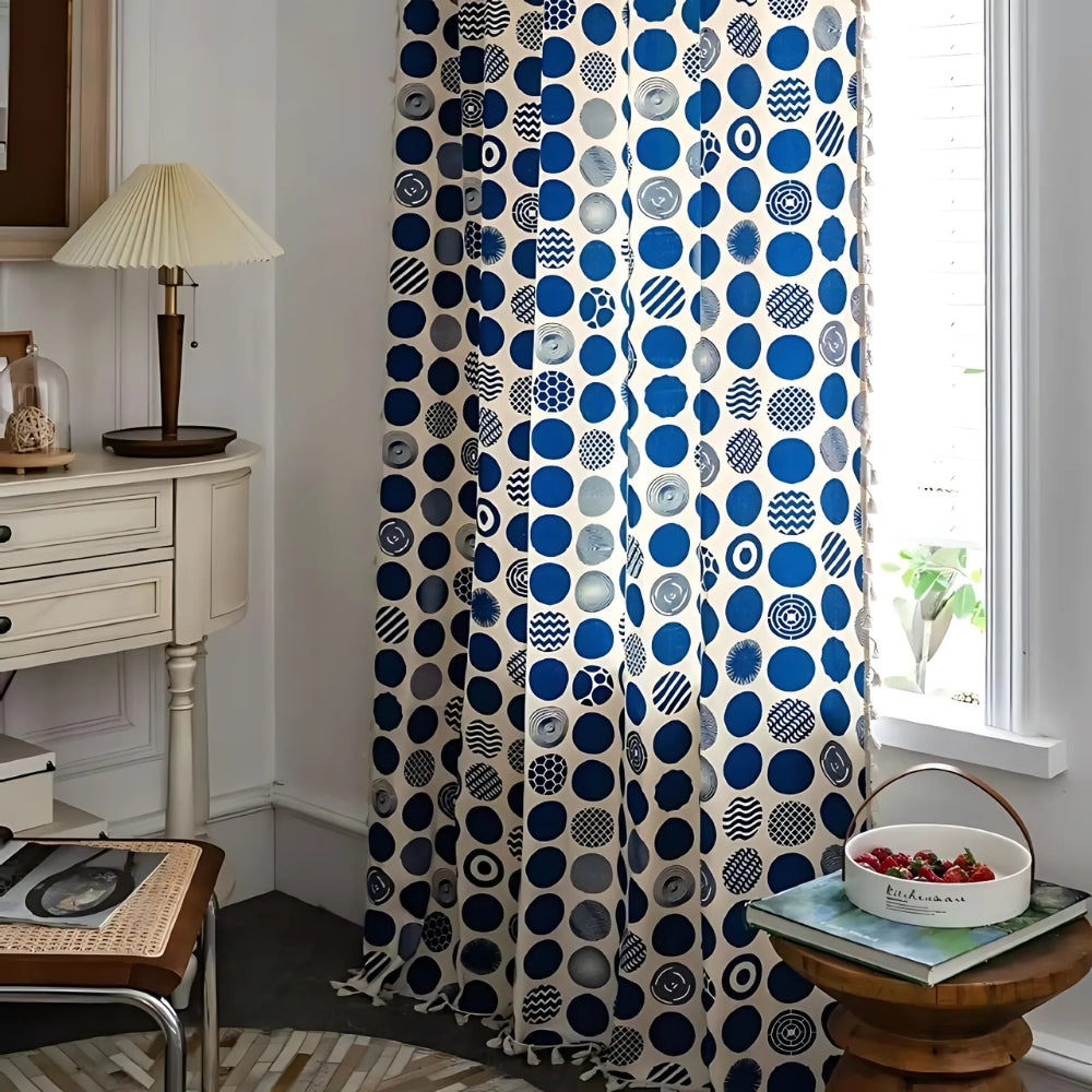 Retro Blue Polka Dot Blackout Window Curtain with Tassels