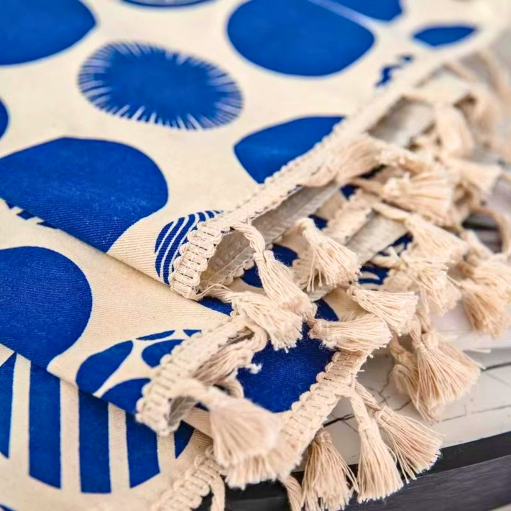 Retro Blue Polka Dot Blackout Window Curtain with Tassels