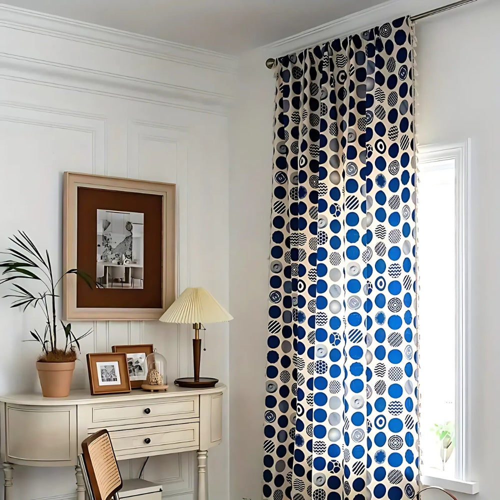 Retro Blue Polka Dot Blackout Window Curtain with Tassels