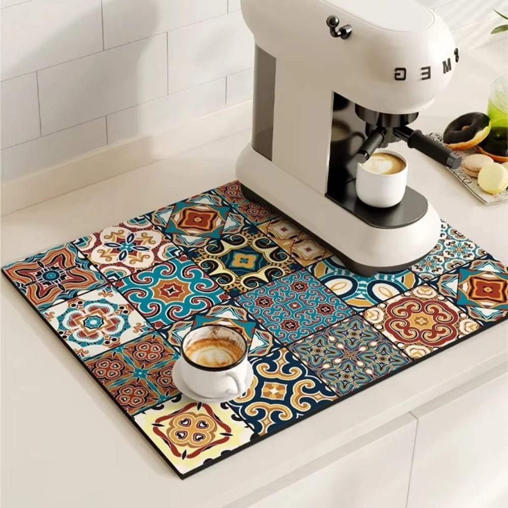 Retro Tile Design Absorbent Coffee Drying Mat