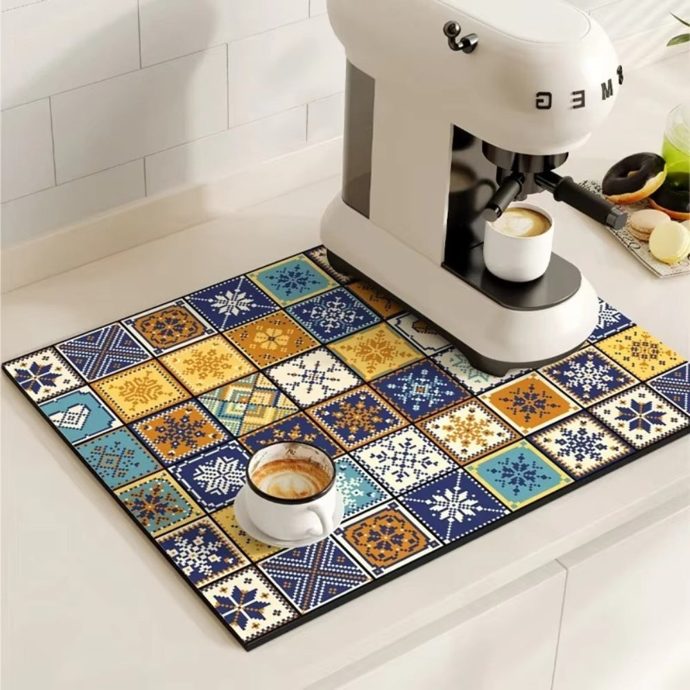 Retro Tile Design Absorbent Coffee Drying Mat