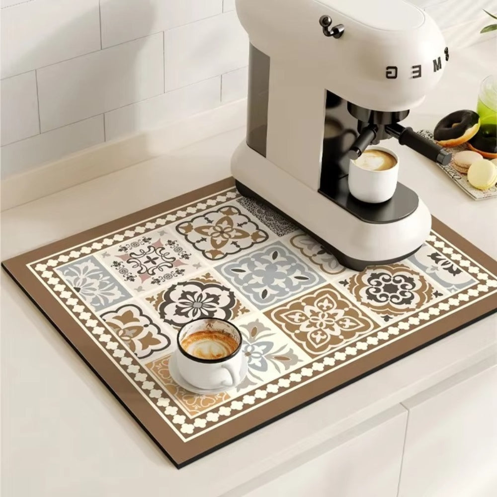 Retro Tile Design Absorbent Coffee Drying Mat