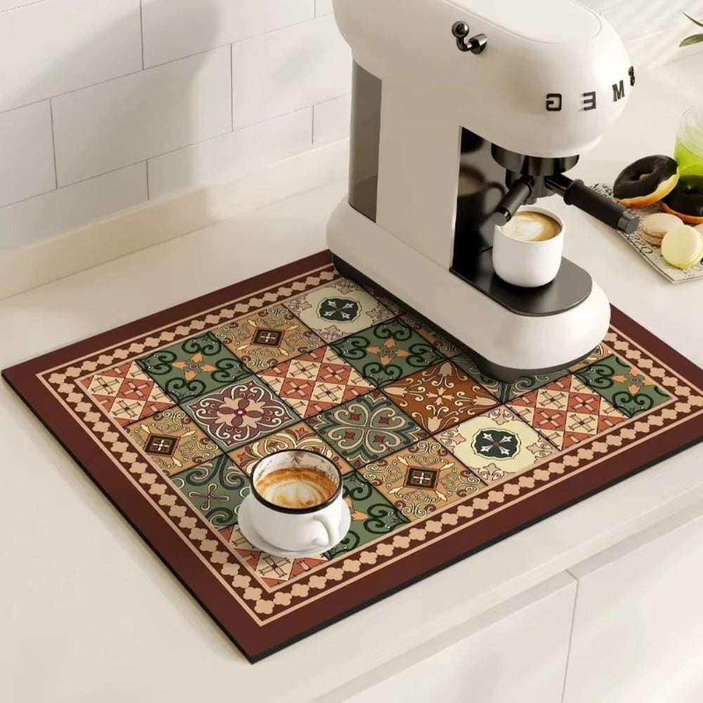 Retro Tile Design Absorbent Coffee Drying Mat