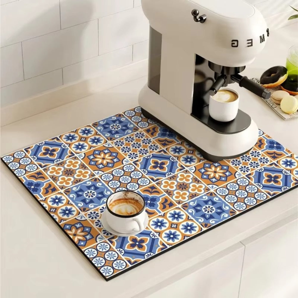 Retro Tile Design Absorbent Coffee Drying Mat