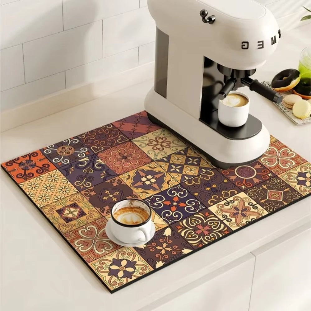 Retro Tile Design Absorbent Coffee Drying Mat