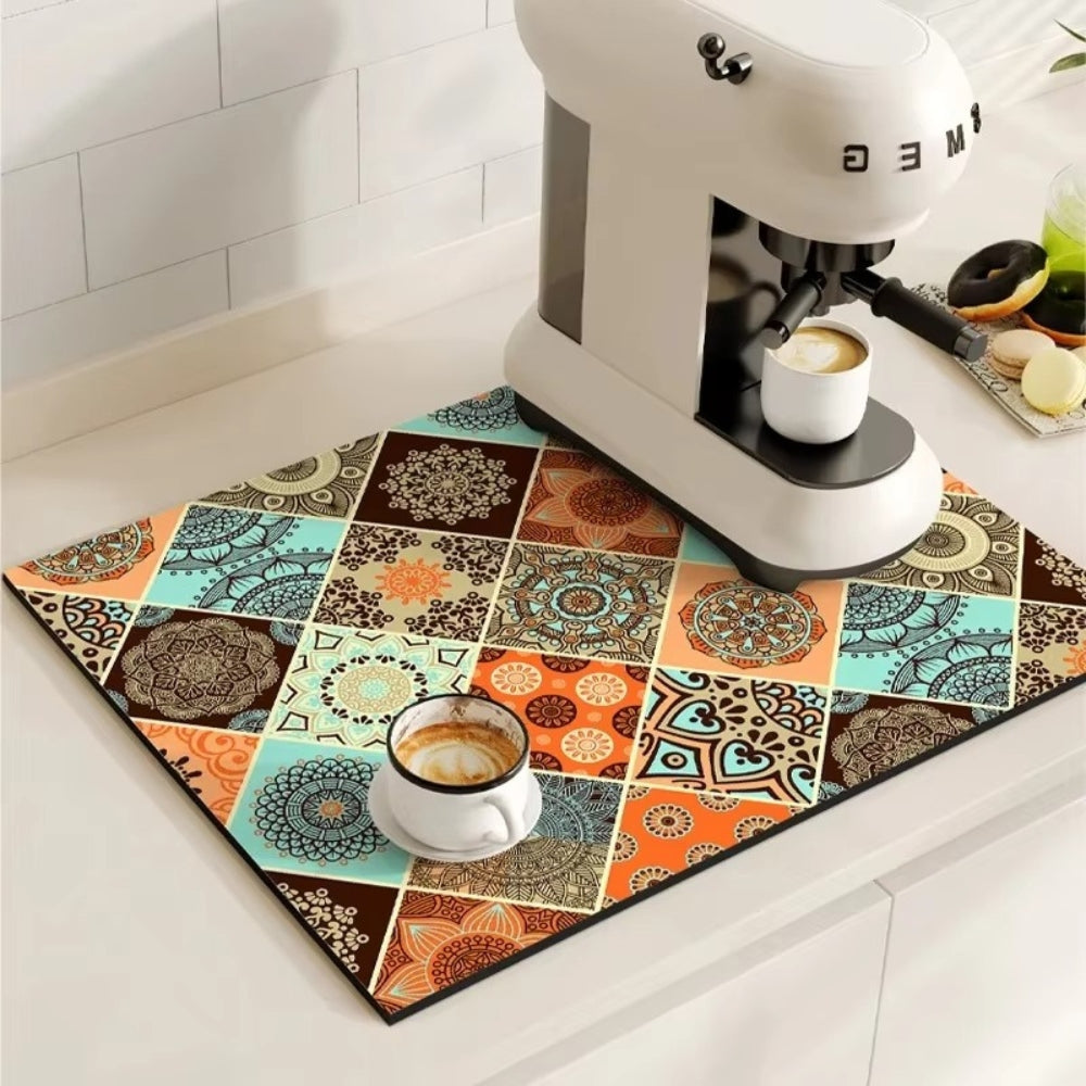 Retro Tile Design Absorbent Coffee Drying Mat