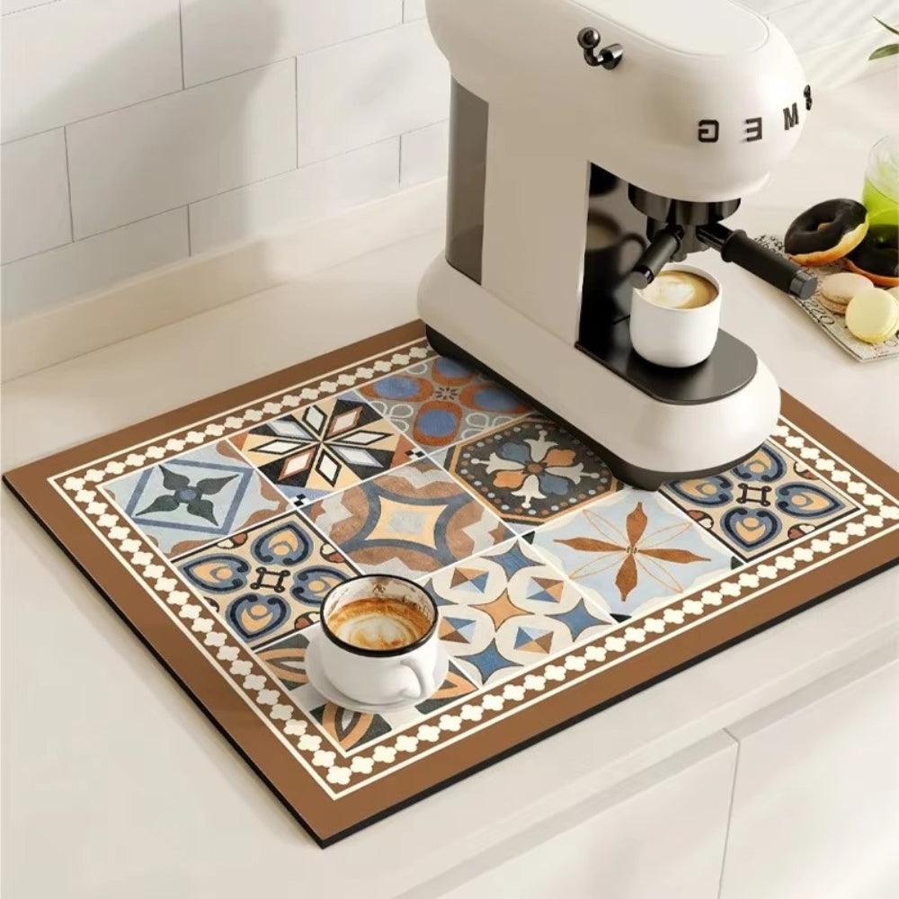Retro Tile Design Absorbent Coffee Drying Mat