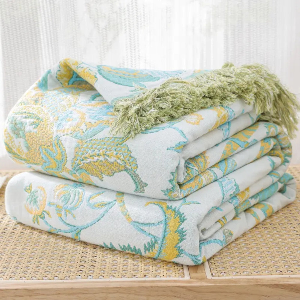 Floral Jacquard Cotton Throw Blanket with Tassels