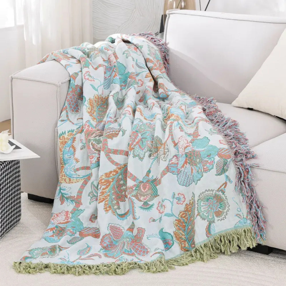 Floral Jacquard Cotton Throw Blanket with Tassels