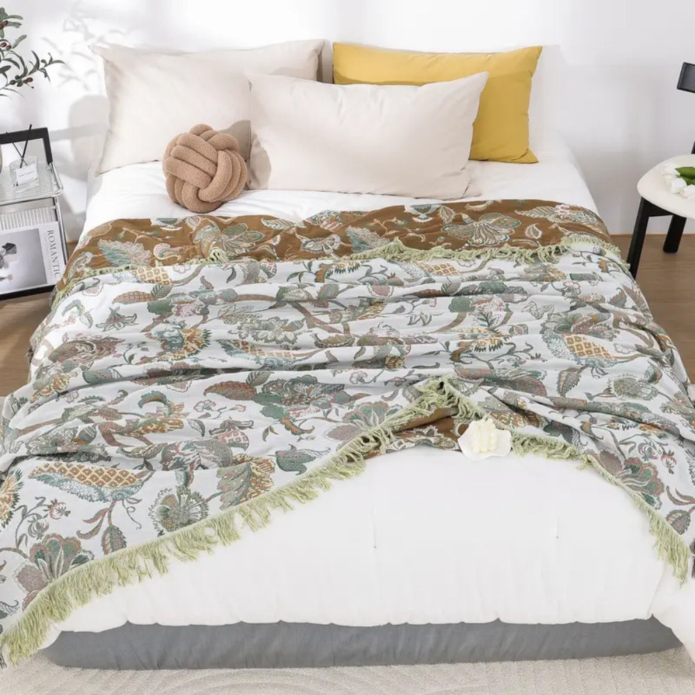 Floral Jacquard Cotton Throw Blanket with Tassels