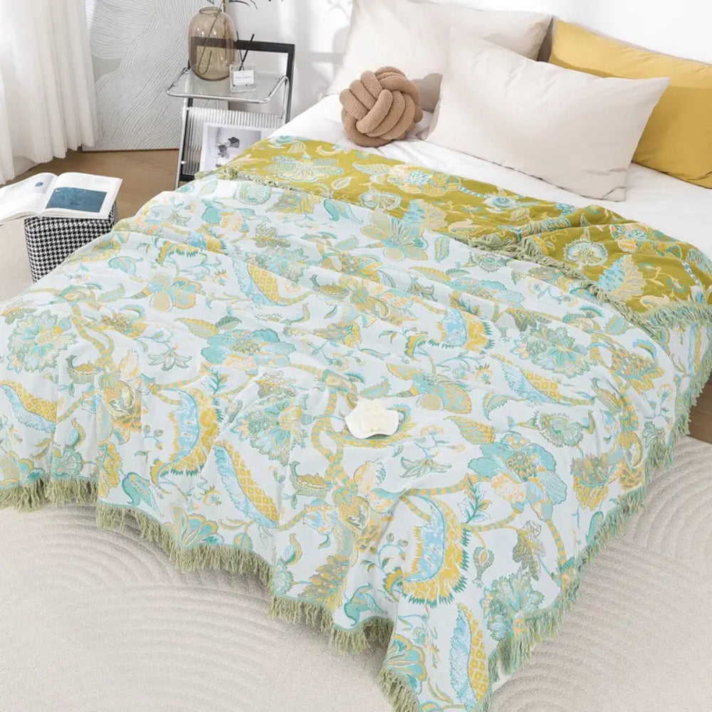 Floral Jacquard Cotton Throw Blanket with Tassels