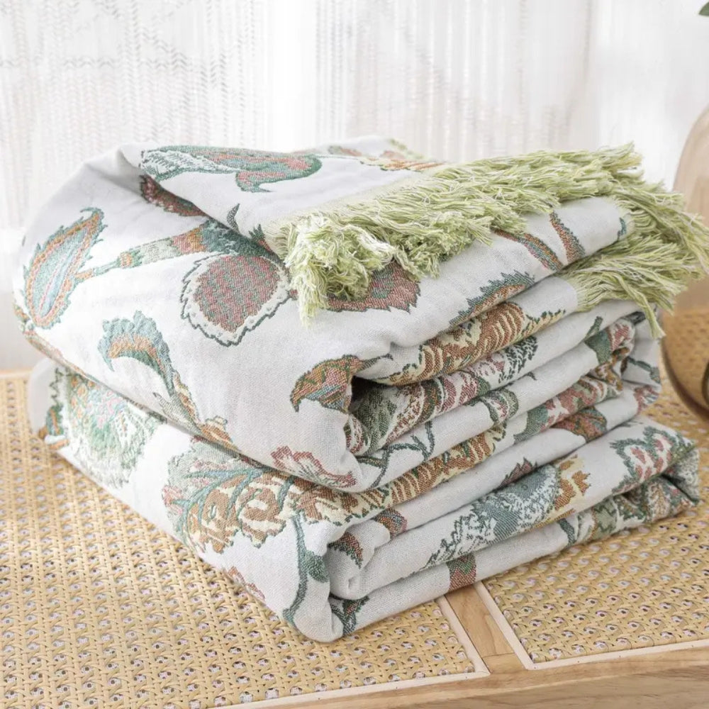 Floral Jacquard Cotton Throw Blanket with Tassels