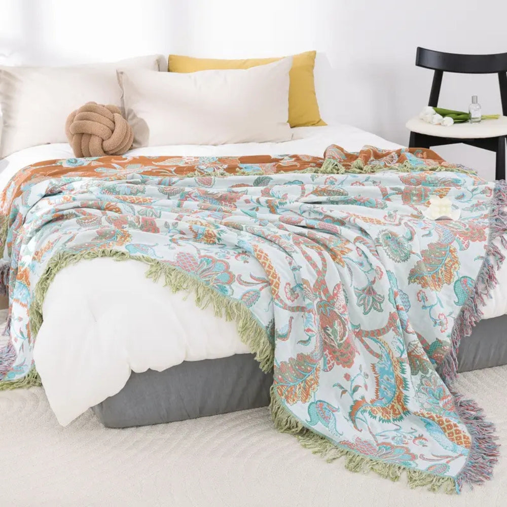 Floral Jacquard Cotton Throw Blanket with Tassels