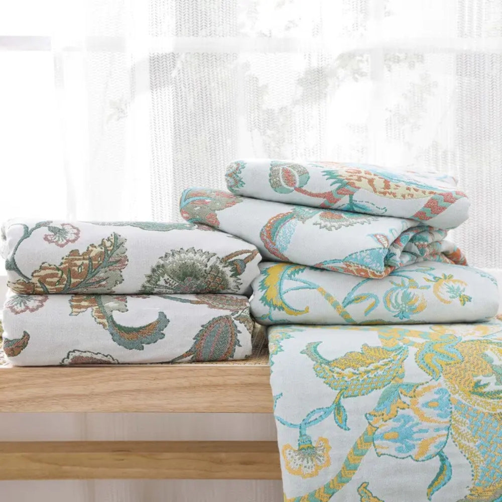 Floral Jacquard Cotton Throw Blanket with Tassels
