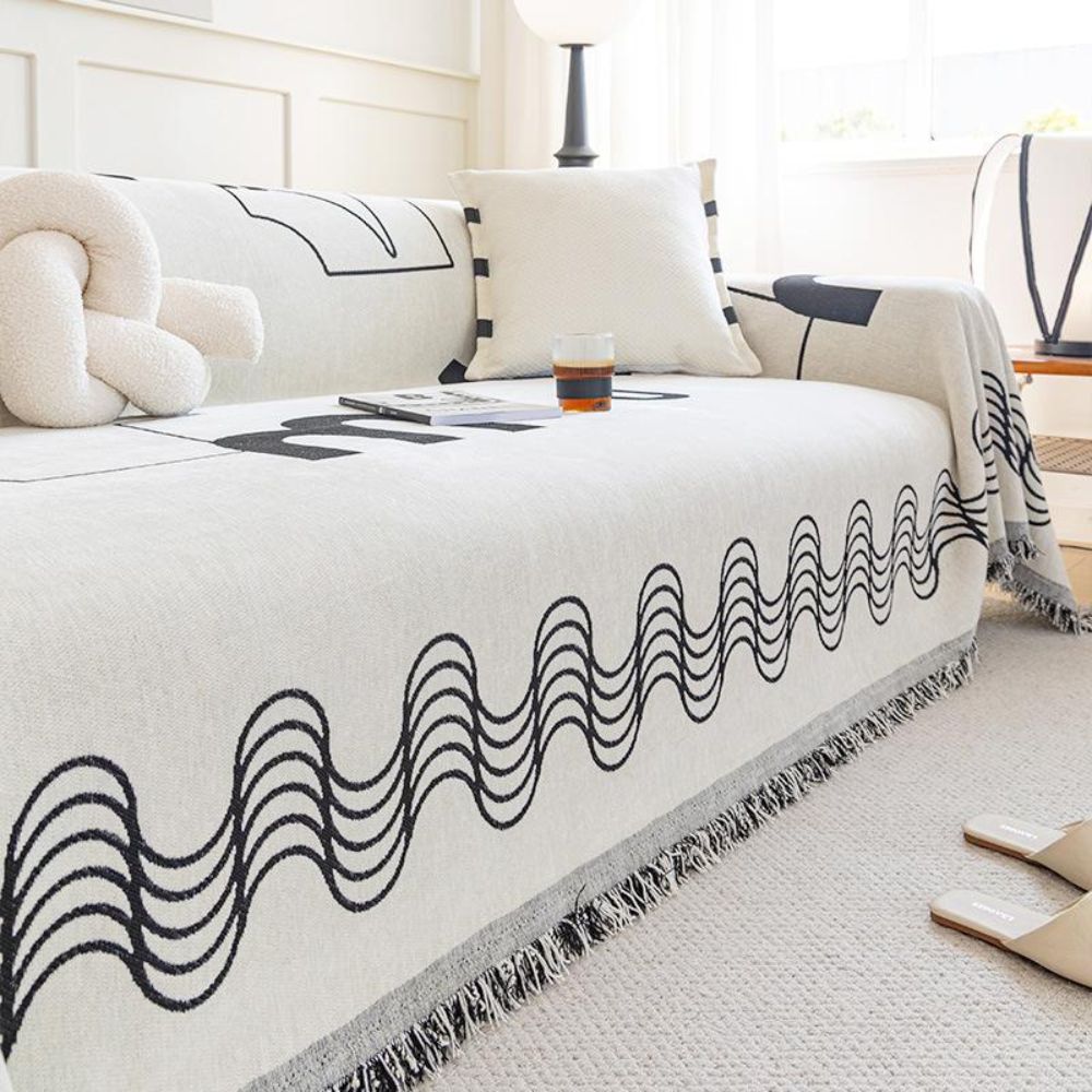 Ripple Curve Microfiber Sofa Cover with Tassel Trim