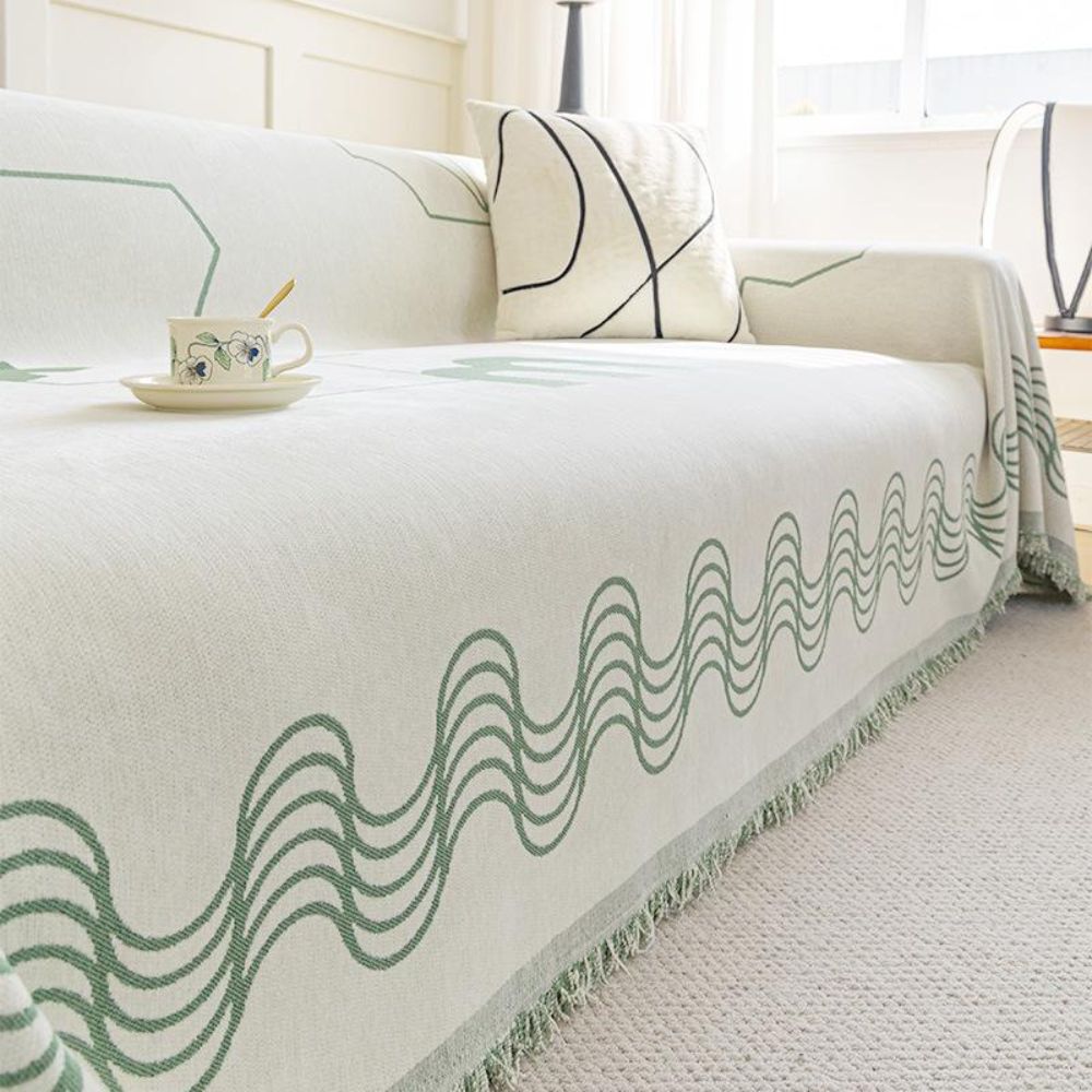 Ripple Curve Microfiber Sofa Cover with Tassel Trim