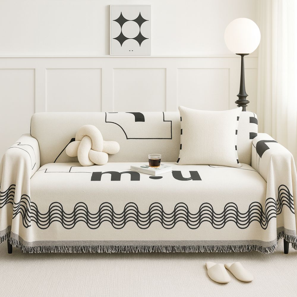 Ripple Curve Microfiber Sofa Cover with Tassel Trim