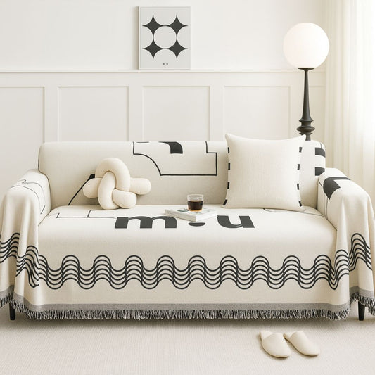 Ripple Curve Microfiber Sofa Cover with Tassel Trim