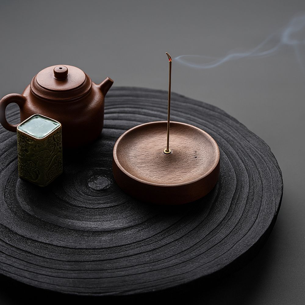Round Wooden Incense Stick Holder with Ash Catcher