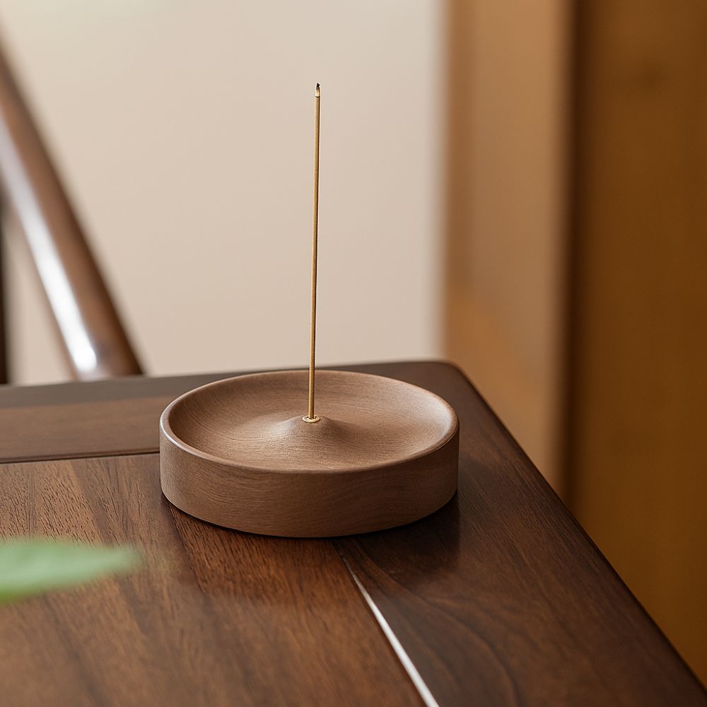 Round Wooden Incense Stick Holder with Ash Catcher