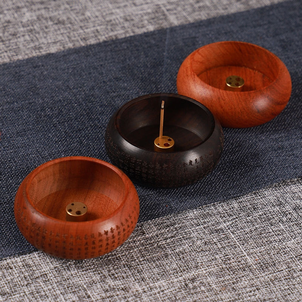 Round Solid Wood Incense Stick Holder with Brass Insert